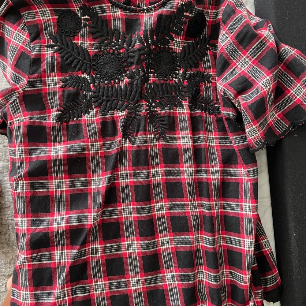 Zara red and black embroidered flannel shirt, size small